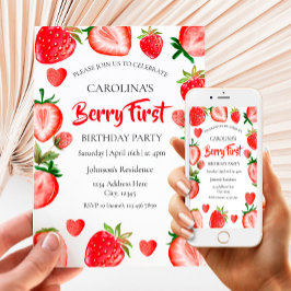 Strawberry First Birthday Einladung