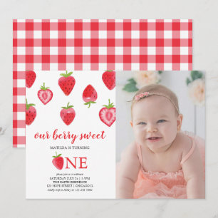 Strawberry First Birthday Girl Foto Einladung