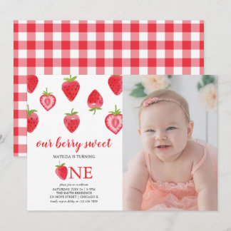 Strawberry First Birthday Girl Foto Einladung