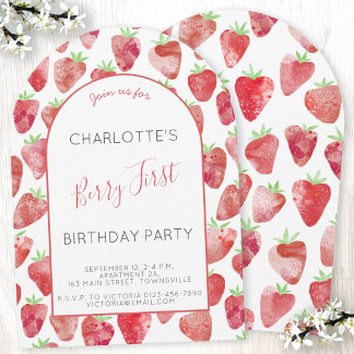 Strawberry First Birthday Party Arch Einladung
