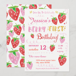 Strawberry First Birthday Party Berry Watercolor Einladung