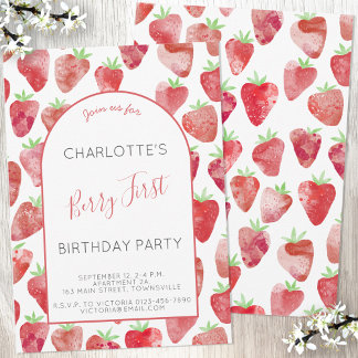 Strawberry First Birthday Party Einladung