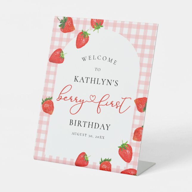 Strawberry First Birthday Pink Berry Willkommen Sockelschild (Vorderseite)
