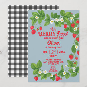 Strawberry First Birthday (Red & Blue) Einladung