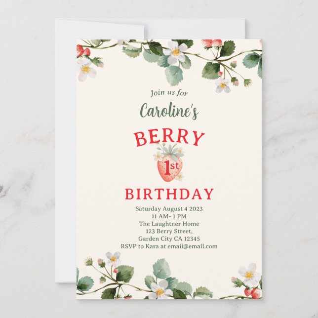 Strawberry Floral First Girls Birthday Einladung (Vorderseite)