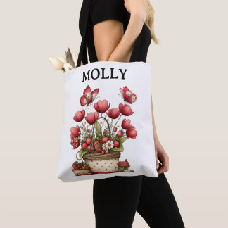 Strawberry Flower Basket with Butterflies and Name Tasche