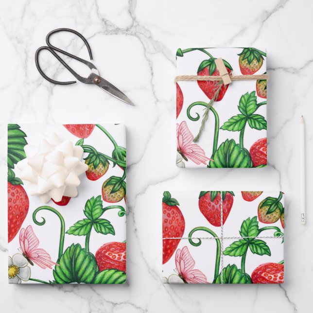 Strawberry Fruit and Strawberry Blossom Lebendig  Geschenkpapier Set (Vorderseite)
