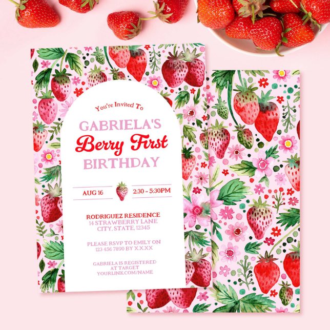 Strawberry Girl Berry 1. Geburtstag Einladung (Strawberry Girl Berry 1st Birthday Invitation)