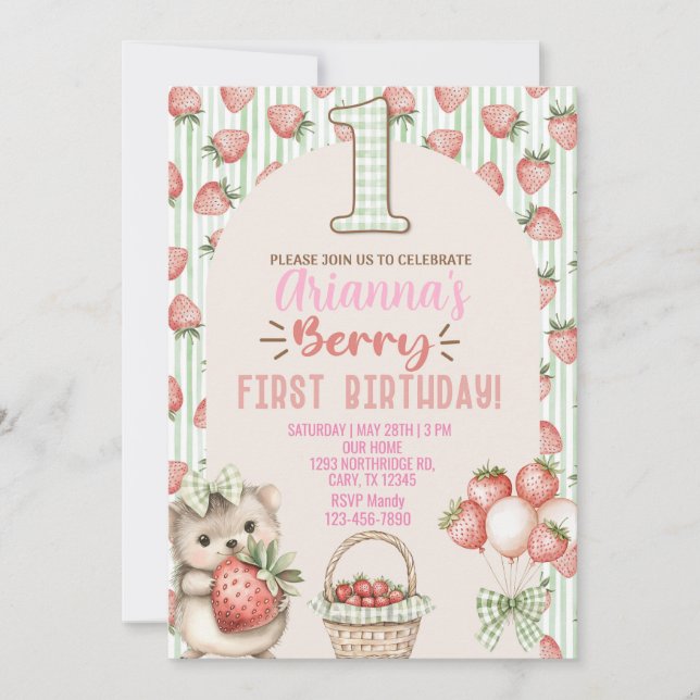 Strawberry girl berry 1st first birthday invite. einladung (Vorderseite)