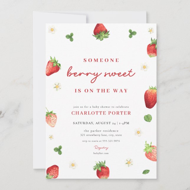 Strawberry Girl Berry Sweet Baby Shower Einladung (Vorderseite)