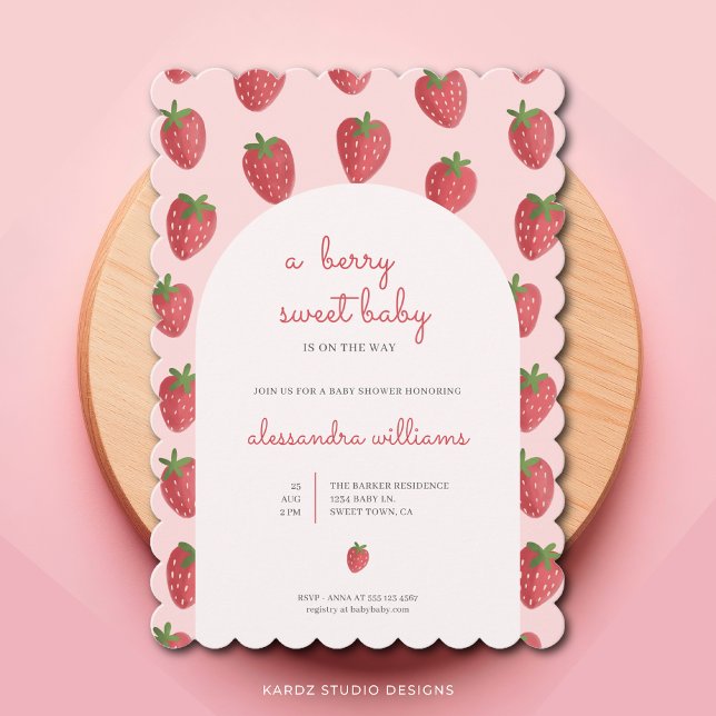 Strawberry Girl Berry Sweet Baby Shower Einladung (Berry Sweet Baby, strawberry baby shower invitation with a beautiful script, clean and elegant look)