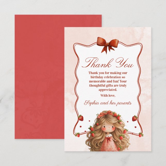 Strawberry Girl Birthday Danke-Karte Dankeskarte (Vorne/Hinten)