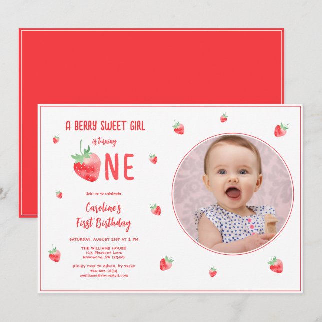 Strawberry Girl Erster Geburtstag Foto Einladung (Vorne/Hinten)