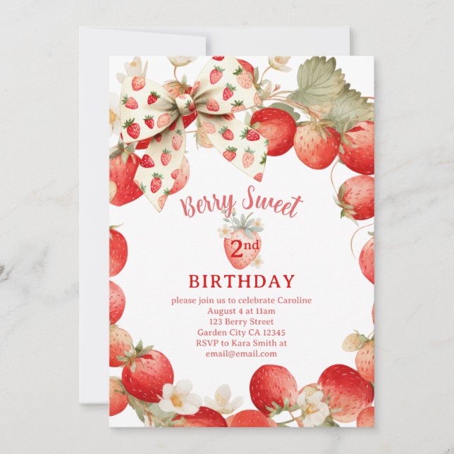 Strawberry Girls Berry Sweet Second Birthday Einladung (Vorderseite)