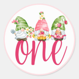 Strawberry Gnome Garden Baby Girl's 1st Birthday C Runder Aufkleber