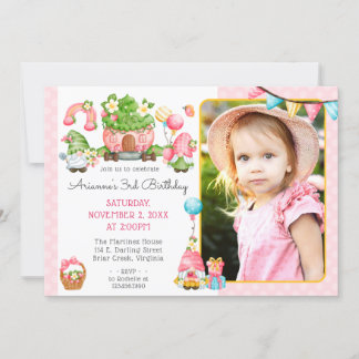Strawberry Gnome Garden Girl's Birthday Foto Einladung