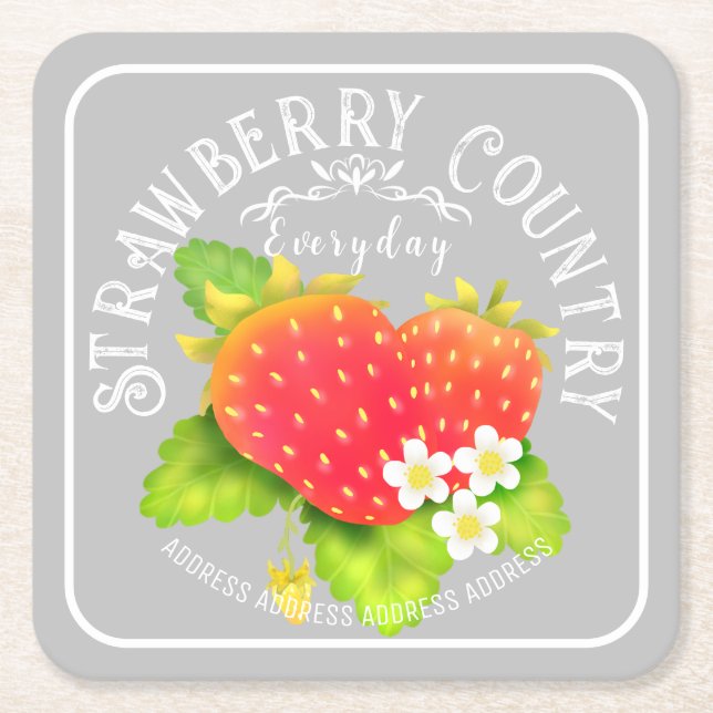 Strawberry Gray Square Paper Untersetzer (Vorderseite)