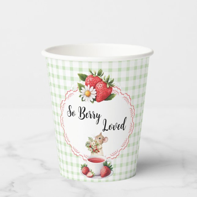 Strawberry Green Gingham Baby Shower Paper Cups Pappbecher (Vorderseite)