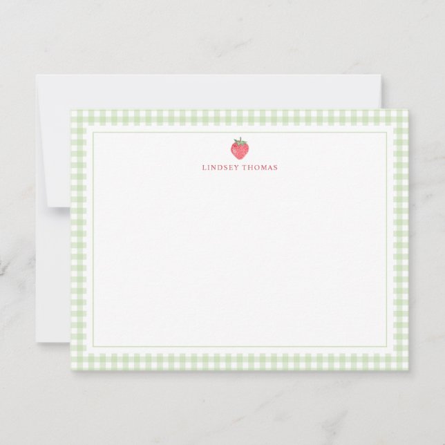 Strawberry Green Gingham Border Personalized Mitteilungskarte (Vorderseite)