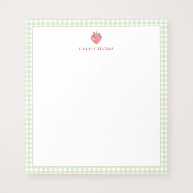 Strawberry Green Gingham Border Personalized Notizblock (Von Creator hochgeladen)