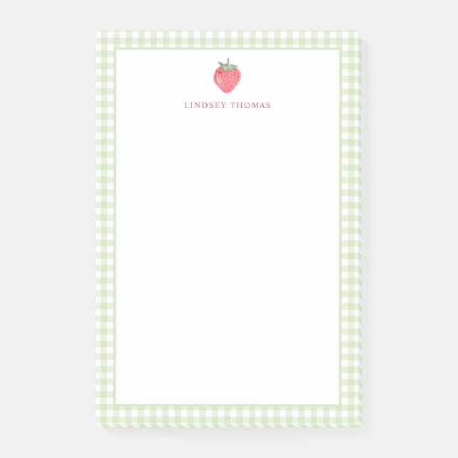 Strawberry Green Gingham Border Personalized Post-it Klebezettel (Vorderseite)