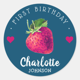 Strawberry Hearts Birthday Girl Blue Green Runder Aufkleber
