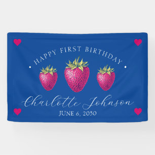 Strawberry Hearts Birthday Girl Dark Blue Banner