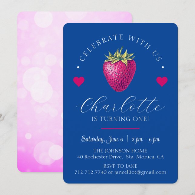 Strawberry Hearts Birthday Girl Dark Blue Dankeskarte (Vorne/Hinten)