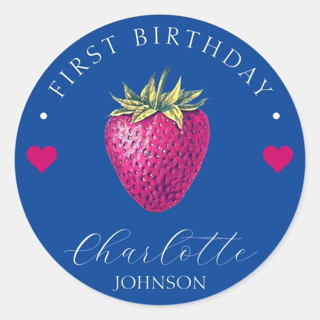 Strawberry Hearts Birthday Girl Dark Blue Runder Aufkleber (Vorderseite)