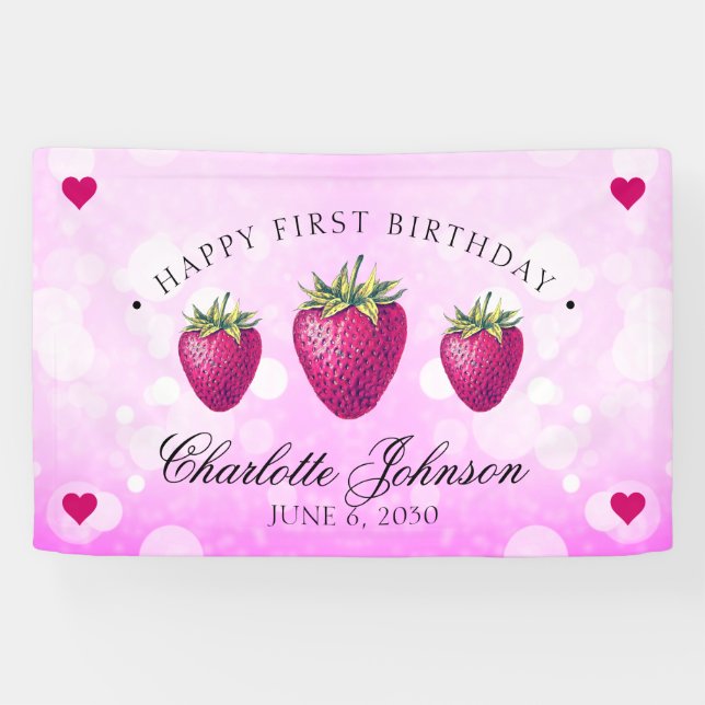 Strawberry Hearts Birthday Girl Pink Banner (Horizontal)