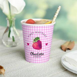 Strawberry Hearts Birthday Girl Pink Checkered Pappbecher