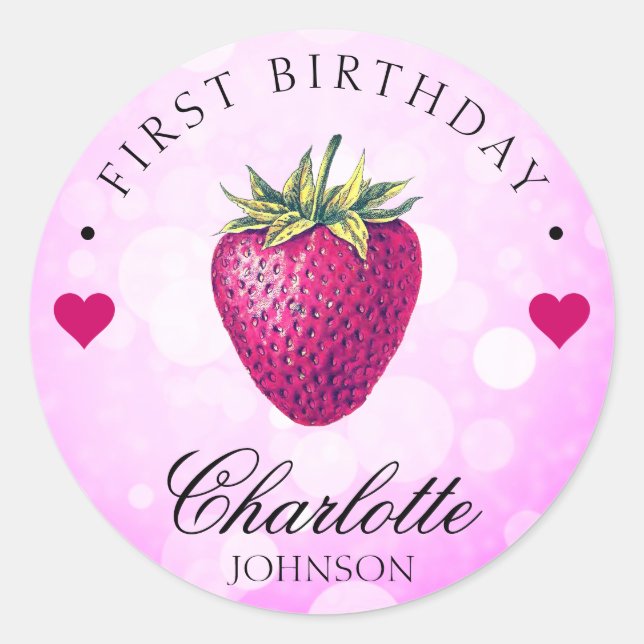 Strawberry Hearts Birthday Girl Pink Runder Aufkleber (Vorderseite)