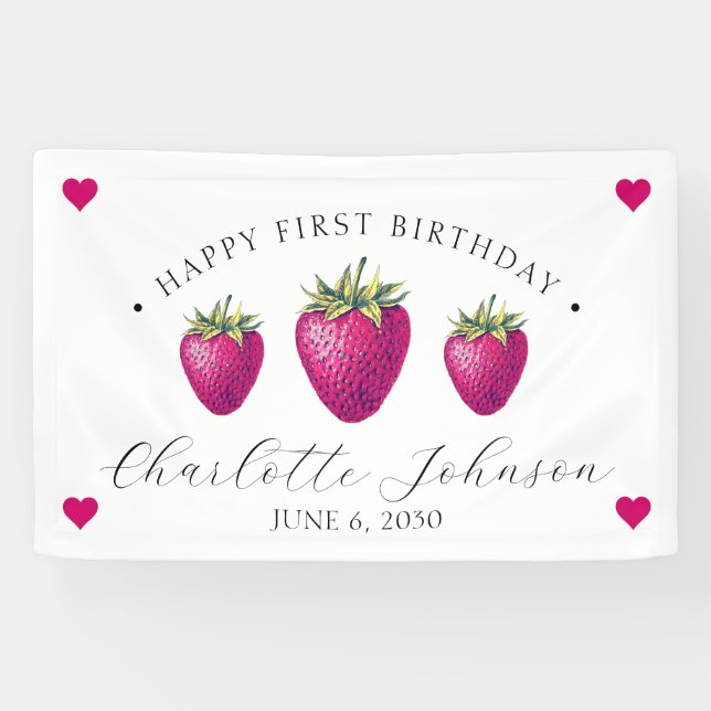 Strawberry Hearts Birthday Girl White Banner (Horizontal)