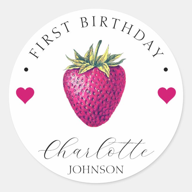 Strawberry Hearts Birthday Girl White Runder Aufkleber (Vorderseite)