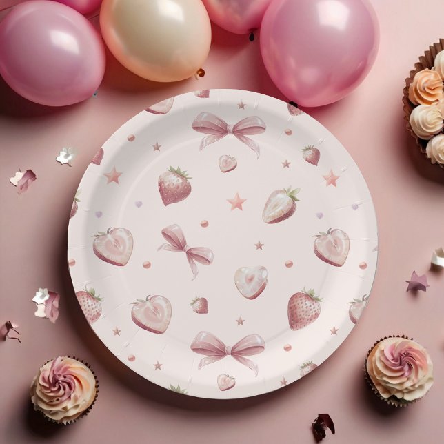 Strawberry Hearts Liebe Ribbon Stars Pappteller (Von Creator hochgeladen)