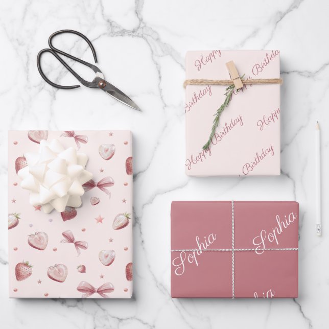 Strawberry Hearts Pink Ribbon Stars Geschenkpapier Set (Vorderseite)