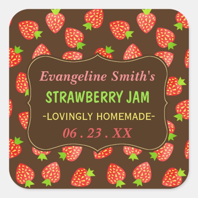 Strawberry Jam Jar Hübsch Custom Strawberries Quadratischer Aufkleber (Vorderseite)