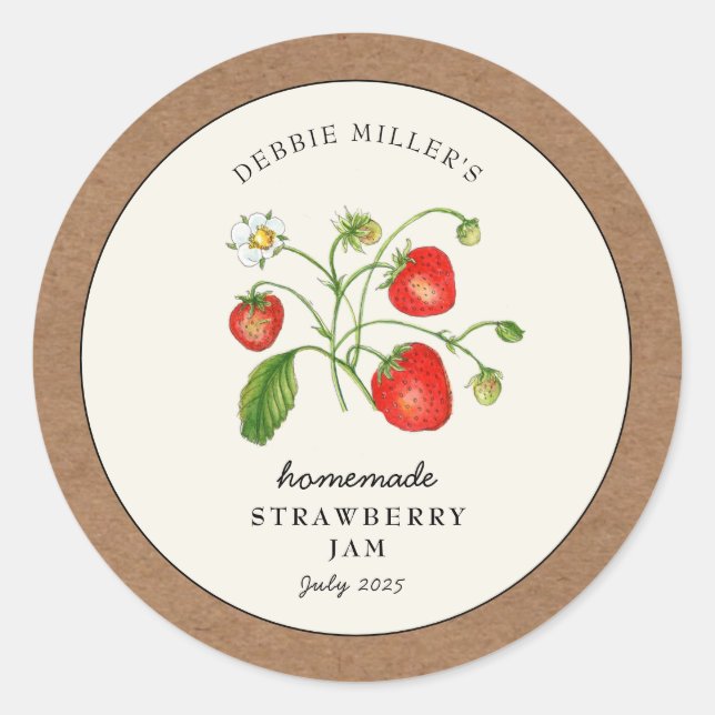 Strawberry Jam Jar Kraft Papiergrenze Runder Aufkleber (Vorderseite)