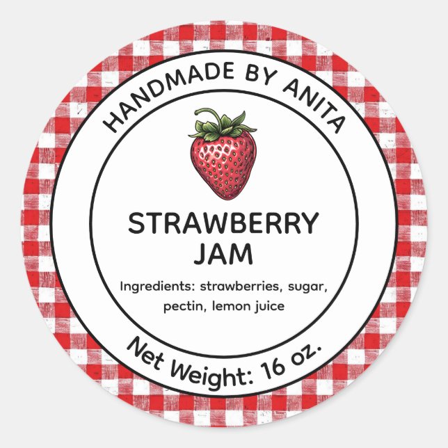 Strawberry Jam Jelly Jar Label Kariert Gingham Runder Aufkleber (Vorderseite)