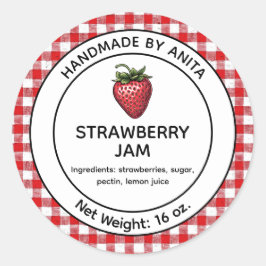 Strawberry Jam Jelly Jar Label Kariert Gingham Runder Aufkleber