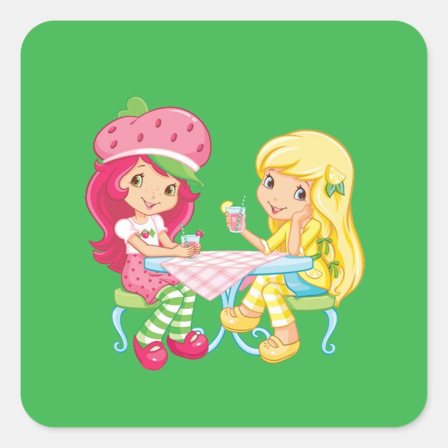 “Strawberry & Lemonade Besties” Quadratischer Aufkleber (Vorderseite)