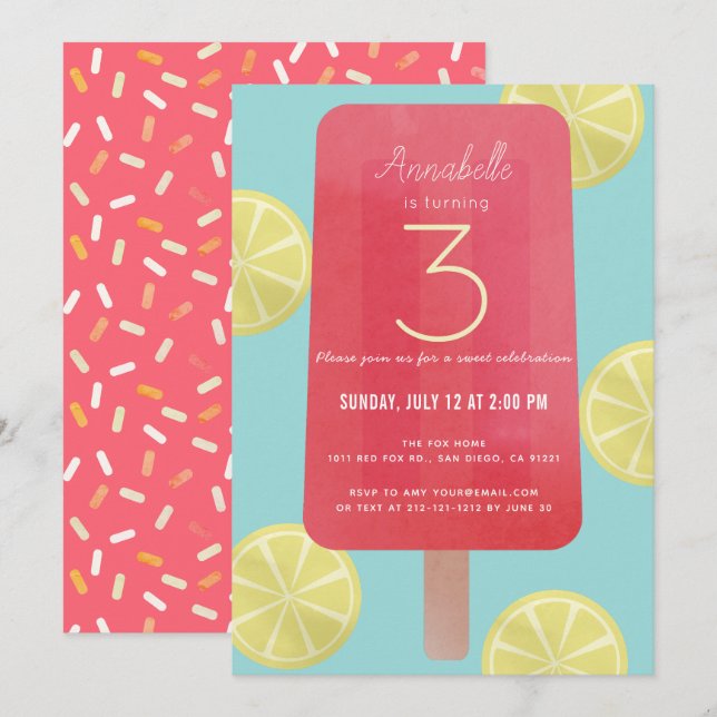 Strawberry Lemonade Popsicle Girl Birthday Einladung (Vorne/Hinten)