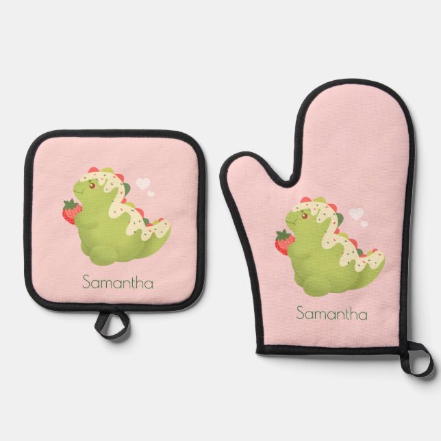 Strawberry-Matcha-Dinosaur Ofenhandschuh & Topflappen-Set (Vorderseite)