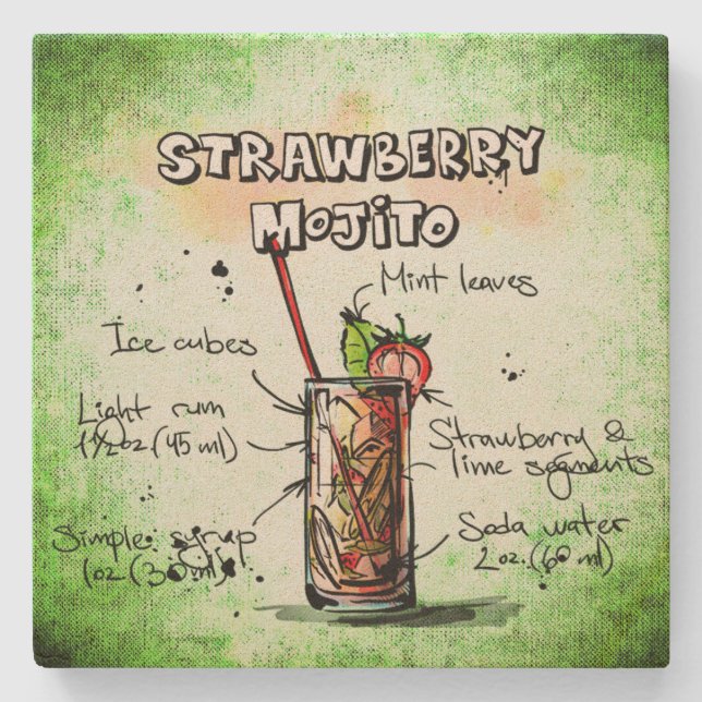 Strawberry Mojito Drink Rezept Steinuntersetzer (Vorderseite)