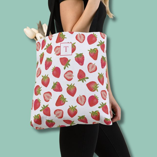 Strawberry Monogram Muster Tote Bag Tasche (Strawberry pattern monogram tote bag)