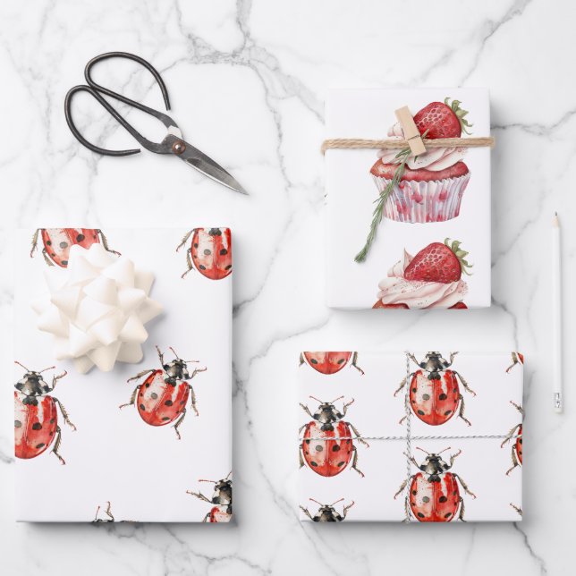 Strawberry Muffin Cake Ladybugs Geburtstag Geschenkpapier Set (Vorderseite)