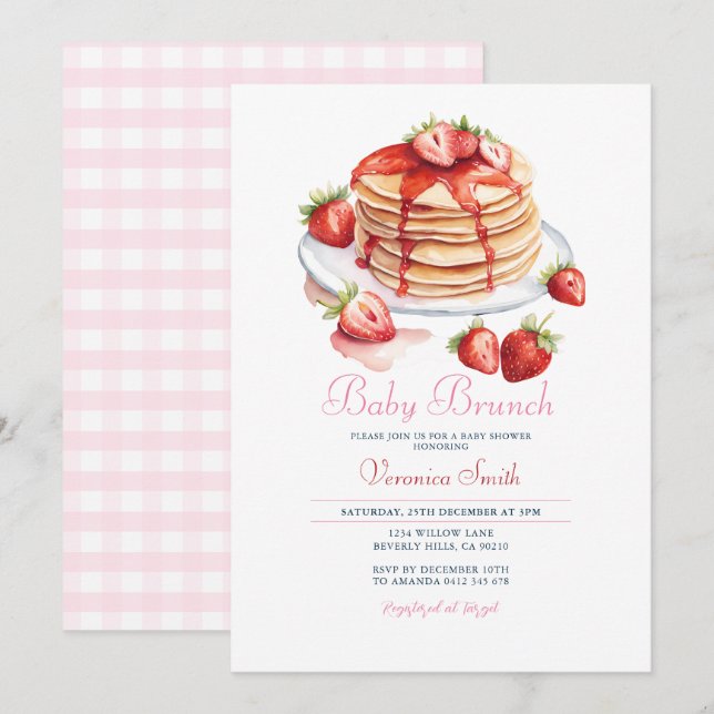 Strawberry Pancake Baby Brunch Babydusche Einladung (Vorne/Hinten)