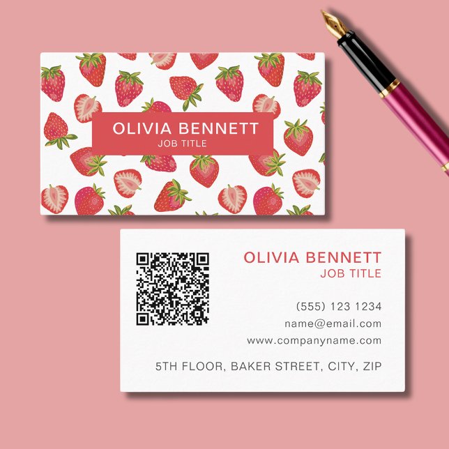 Strawberry Pattern farbiger QR-Code Visitenkarte (Personalized strawberry business card with QR code)