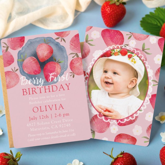 Strawberry Pink 1st Birthday Watercolor  Einladung (Von Creator hochgeladen)