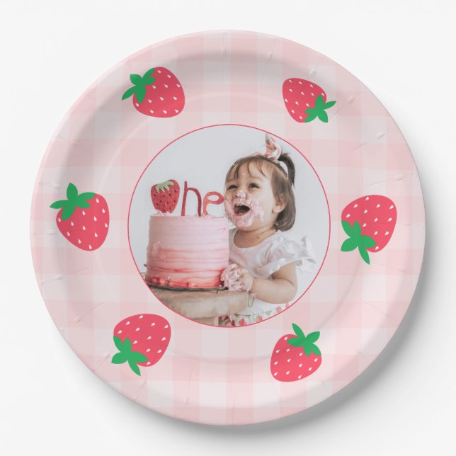 Strawberry Pink Berry First Baby Birthday Foto Pappteller (Vorderseite)